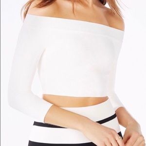 BCBG Anja White Bandage Off shoulder crop top